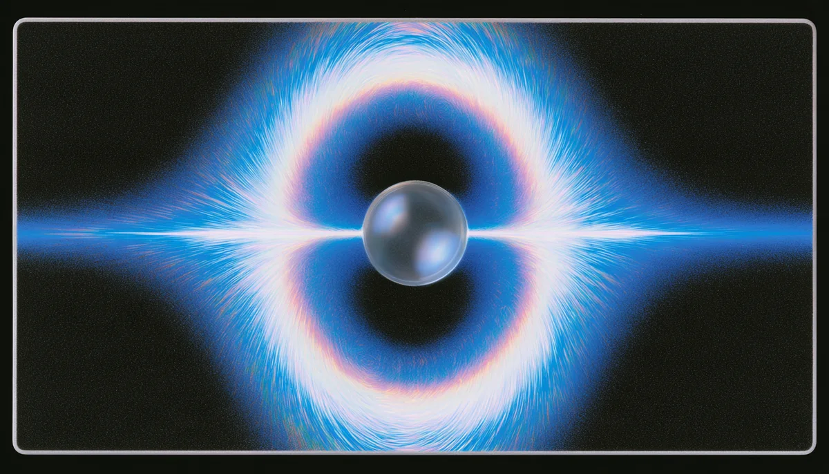 A glass orb at the centre of a glowing blue and white ring of light, set in a framed card
