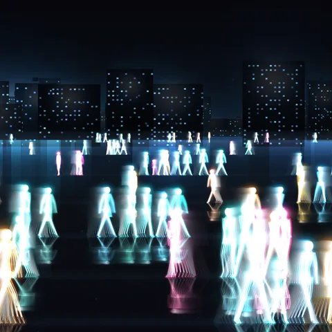 Civitas: luminous human figures walking through a night street of lit windows