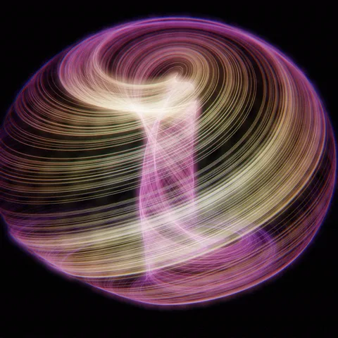 Gyre: a single thread of light wound into a glowing sphere, coloured by depth